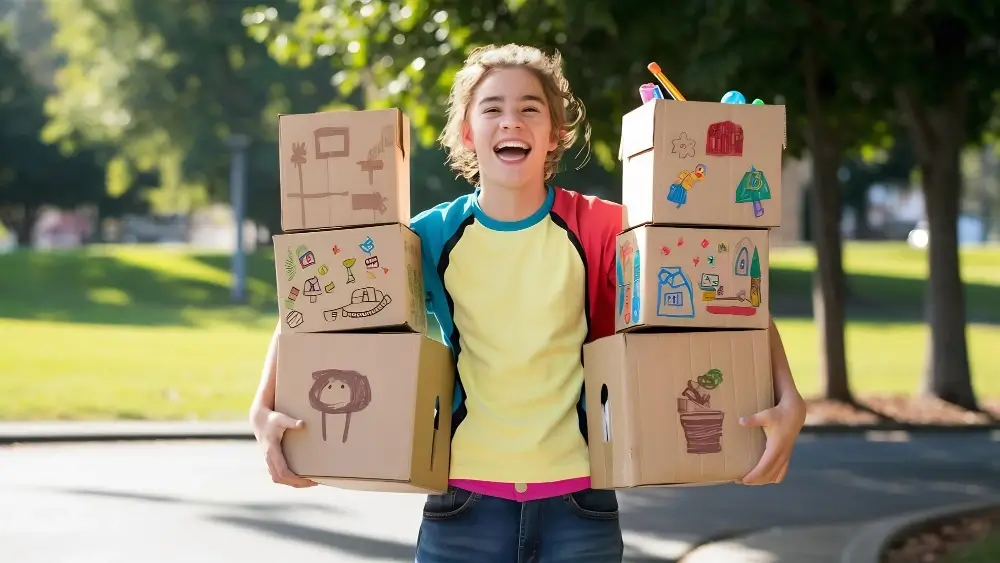 Boy carrying moving boxes